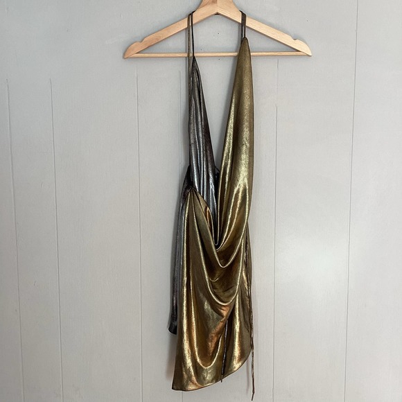 House of CB Davina Silver Gold Drape Halter Mini Dress XS - Picture 4 of 10